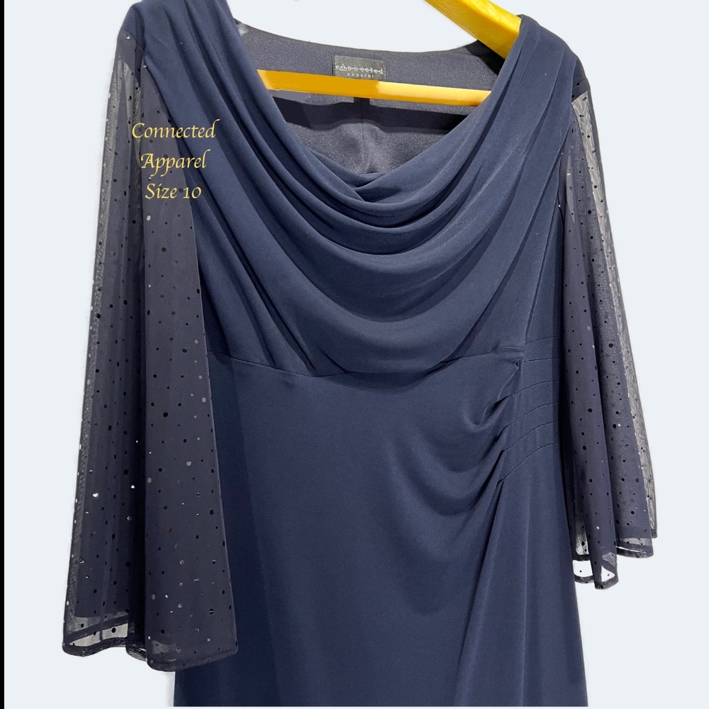 Connected Dress semi formal classic navy draping at neckline, waist, sleeves - Picture 8 of 12
